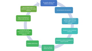 Se puede obtener de
FORMA NATURAL:
Fermentación de azúcares
Como macerados de
granos, jugos de fruta,
miel, leche, papas o
melazas,
levaduras que contienen
catalasas
Convierten azúcar complejo en
azúcar sencillo
Este a su vez en
etanol mas CO2
FORMA SINTETICA:
La reacción de un
hidrocarburo insaturado,
el etileno con acido
sulfúrico;
Este se convierte en
sulfato acido de etilo,
Que al añadir agua, se
obtendrá etanol mas acido
sulfúrico
 
