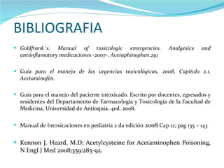 BIBLIOGRAFIA Goldfrank`s. Manual of toxicologic emergencies. Analgesics and antiinflamatory medicaciones -2007-. Acetaphinophen.291 Guía para el manejo de las urgencias toxicológicas. 2008. Capítulo 2.1. Acetaminofén. Guía para el manejo del paciente intoxicado.   Escrito por docentes, egresados y residentes del Departamento de Farmacología y Toxicología de la Facultad de Medicina, Universidad de Antioquia. 4ed. 2008. Manual de Intoxicaciones en pediatría 2 da edición  2008  Cap 12; pag 135 – 143 Kennon J. Heard, M.D; Acetylcysteine for Acetaminophen Poisoning, N Engl J Med 2008;359:285-92. 