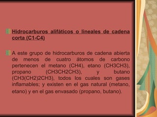 Hidrocarburos alifáticos o lineales de cadena corta (C1-C4)   A este grupo de hidrocarburos de cadena abierta de menos de cuatro átomos de carbono pertenecen el metano (CH4), etano (CH3CH3), propano (CH3CH2CH3), y butano (CH3(CH2)2CH3), todos los cuales son gases inflamables; y existen en el gas natural (metano, etano) y en el gas envasado (propano, butano).    