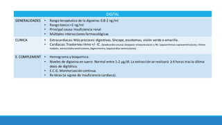 DIGITAL
GENERALIDADES • Rango	terapéutico	de	la	digoxina:	0.8-2	ng/ml
• Rango	toxico:>2	ng/ml
• Principal causa:	Insuficiencia	renal	
• Múltiples interacciones	farmacológicas
CLINICA • Extracardiacas:	Más	precoces:	digestivas.	Síncope,	escotomas,	visión	verde	o	amarilla.	
• Cardiacas:	Trastornos ritmo	+/- IC.	(bradicardia	sinusal,	bloqueos	sinoauriculares y	AV,	taquiarritmias supraventriculares,	ritmos	
nodales,	extrasistoles ventriculares,	bigeminismo,	taquicardias	ventriculares)
E. COMPLEMENT • Hemograma	y	bioquímica.		
• Niveles	de	digoxina	en	suero:	Normal	entre	1-2	μg/dl.	La	extracción	se	realizará	≥	6	horas	tras	la	última	
dosis	de	digitálico.	
• E.C.G.	Monitorización	continua.	
• Rx tórax	(si	signos	de	insuficiencia	cardiaca).	
 