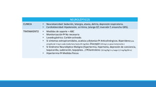 NEUROLÉPTICOS
CLINICA • Neurotoxicidad:	Sedación,	letargia,	ataxia,	delirio,	depresión	respiratoria.	
• Cardiotóxicidad:	Hipotensión,	arritmia,	(alarga	QT,	inversión	T,	ensancha	QRS).	
TRATAMIENTO • Medidas	de soporte	+	ABC
• Monitorizaciónà No	necesaria
• Lavado	gástrico.	Carbón	activado.	
• Si	síntomas	extrapiramidales,	acatisia y	distoníasà Anticolinérgicos.	Biperideno(una	
ampolla	de	5	mg	iv	cada	media	hora	hasta	20	mg/día)	.Diacepán (10	mg	iv	a	pasar	lentamente.)
• Si Síndrome	Neuroléptico	Maligno	(hipertermia,	hipertonía,	depresión	de	conciencia,	
taquicardia,	sudoración,	taquipnea...)àDantroleno (10 mg/Kg/	iv	y	luego	2,5	mg/Kg/6h	iv.)
• Hipertermiaà Medidas	físicas	
 