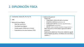 2.	EXPLORACIÓN	FISICA
• Constantes	vitales	(FC,	FR,	TA,	Tª)
• ABC
• Valoración	neurológica
- Nivel	de	conciencia
- Focalidad neurológica
- Estado	pupilar	(Midriasis	o	miosis)
- Coexistencia	con	otras	lesiones	(TCE)
• Exploración	general
Inspección
- Integridad	y	coloración	piel	y	mucosas
- Ampollas	cutáneas	(barbitúricos,	CO)
- Sudoración	intensa	(salicilatos,	organofosforados…)
- Cavidad	bucal	(causticación..)
- Aliento		(betún	(cianidas),	almendras	amargas	(cianuro…)
ACR:	Descartar	arritmicidad o	signos	de	edema	
pulmonar
Exploración	abdominal:	Descartar	abdomen	agudo
Extremidades	(picadura,	mordedura	de	arácnidos	y	
reptiles…)
 
