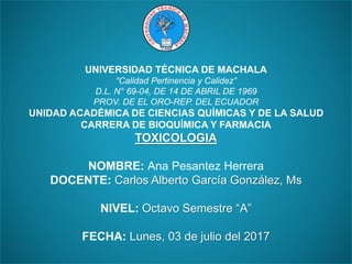 UNIVERSIDAD TÉCNICA DE MACHALA
“Calidad Pertinencia y Calidez”
D.L. N° 69-04, DE 14 DE ABRIL DE 1969
PROV. DE EL ORO-REP. DEL ECUADOR
UNIDAD ACADÉMICA DE CIENCIAS QUÍMICAS Y DE LA SALUD
CARRERA DE BIOQUÍMICA Y FARMACIA
TOXICOLOGIA
NOMBRE: Ana Pesantez Herrera
DOCENTE: Carlos Alberto García González, Ms
NIVEL: Octavo Semestre “A”
FECHA: Lunes, 03 de julio del 2017
 