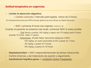 Actitud terapéutica en urgencias 
 Limitar la absorción digestiva: 
– Carbón activado ( intervalo post-ingesta menor de 2 horas) . 
En intoxicaciones puras por PAR el lavado gástrico es poco útil por su rápida absorción. 
– NAC ( primeras 8 horas tras ingesta): v.o o v. iv 
Cuando el paciente se presenta más tarde, comenzar NAC lo antes posible. 
ƒ Oral (boca o sonda) 140 mg/kg y seguir con 70 mg/kg cada 4 horas 
durante 72 horas. (total 17 dosis). 
ƒ Intravenosa: ¡Puede haber reacciones alérgicas a NAC! 
150 mg/kg. en suero glucosado al 5% a pasar en 1 hora 
50 mg/kg. a pasar en 4 horas 
100 mg/kg. a pasar en 16 horas 
 Hepatotoxicidad ⇒ NAC independientemente de tiempo transcurrido 
 Control síntomas y dar tratamiento de soporte y seguimiento. 
 Insuficiencia hepática grave ⇒ contactar Centro Trasplantes 
 