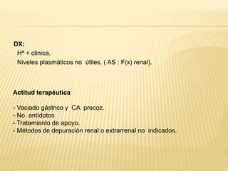 DX: 
Hª + clinica. 
Niveles plasmáticos no útiles. ( AS : F(x) renal). 
Actitud terapéutica 
- Vaciado gástrico y CA precoz. 
- No antídotos 
- Tratamiento de apoyo. 
- Métodos de depuración renal o extrarrenal no indicados. 
 