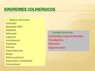 SINDROMES COLINERGICOS 
 Signos comunes: 
Confusión 
Depresión SNC 
Debilidad 
Salivación 
Lagrimeo 
Incontinencia 
Diaforesis 
Vómitos 
Fasciculaciones 
Miosis 
Edema pulmonar 
Taquicardia o bradicardia 
Convulsiones 
 Causas comunes: 
Insecticidas organofosforados 
Fisostigmina 
Edrofonio 
Algunas setas 
 