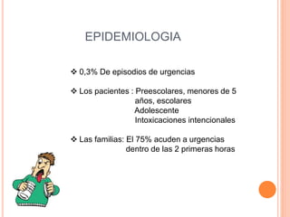 EPIDEMIOLOGIA
 0,3% De episodios de urgencias
 Los pacientes : Preescolares, menores de 5
años, escolares
Adolescente
Intoxicaciones intencionales
 Las familias: El 75% acuden a urgencias
dentro de las 2 primeras horas
 