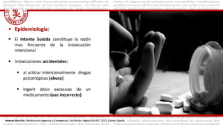  Epidemiología:
 El Intento Suicida constituye la razón
mas frecuente de la intoxicación
intencional
 Intoxicaciones accidentales:
 al utilizar intencionalmente drogas
psicotrópicas (abuso)
 Ingerir dosis excesivas de un
medicamento (uso Incorrecto)
Jimenez Murrillo, Medicina de Urgencias y Emergencias, 5ta Edición, Pagina 630-697, 2015, Elsivier. España
 
