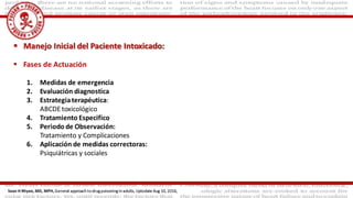  Fases de Actuación
1. Medidas de emergencia
2. Evaluación diagnostica
3. Estrategiaterapéutica:
ABCDEtoxicológico
4. Tratamiento Especifico
5. Periodo de Observación:
Tratamiento y Complicaciones
6. Aplicación de medidas correctoras:
Psiquiátricas y sociales
 Manejo Inicial del Paciente Intoxicado:
Sean H Rhyee, MD, MPH, General approach to drug poisoning in adults, Uptodate Aug 10, 2016,
 
