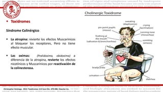 Toxidromes
Síndrome Colinérgico
 La atropina: revierte los efectos Muscarinicos
al bloquear los receptores, Pero no tiene
efecto muscular.
 Las oximas: (Pralidoxima, obidoxima) a
diferencia de la atropina, revierte los efectos
nicotínicos y Muscarinicos por reactivación de
la colinesterasa.
Christopher Holstege. 2012. Toxidromes. Crit Care Clin. 479-498. Elseviier Inc.
 