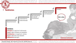  Toxidromes
Christopher Holstege. 2012. Toxidromes. Crit Care Clin. 479-498. Elseviier Inc.
Descontaminación
Lavado Gástrico
Carbón Activado
Benzodiacepinas
en caso de
Convulsiones*
Apoyo ventilatorio
si es necesario*
Antídoto
Antídoto
Atropina 1-5 mg IV en 5-10 minutos
Repetir cada 5 minutos si es necesario.
Pralidoxima:1-2 mg IV en 5- 10 min
Repetir cada 4 hrs si es necesario
Obidoxima 250 mg IV Síndrome Colinérgico
Olor a Ajo ¡
 