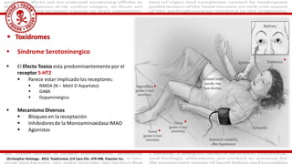  Toxidromes
 Síndrome Serotoninergico
 El Efecto Toxico esta predominantemente por el
receptor 5-HT2
 Parece estar implicadolos receptores:
 NMDA (N – Metil D Aspartato)
 GABA
 Dopaminergico
 Mecanismo Diversos
 Bloqueo en la receptación
 Inhibidoresde la Monoaminoxidasa IMAO
 Agonistas
Christopher Holstege. 2012. Toxidromes. Crit Care Clin. 479-498. Elseviier Inc.
*
*
*
*
 