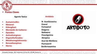  Puntos Claves
Christopher Holstege. 2012. Toxidromes. Crit Care Clin. 479-498. Elseviier Inc.
Agente Toxico
 Acetaminofén:
 Metanol:
 Etilenglicol:
 Monóxido de Carbono:
 Opioides:
 Anticolinérgicos:
 Organofosforados:
 Metahemoglobinemia:
 Benzodiacepinas:
 Hierro:
N- Acetilcisteína
Antídoto
Etanol
Fomepizol
Oxigeno
Naloxona
Fisostigmina
Atropina
Azul de Metileno
Flumazenil
Desferroxamina
 