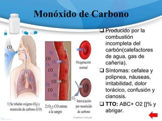 Monóxido de Carbono
 Producido por la
combustión
incompleta del
carbón(calefactores
de agua, gas de
cañería).
 Síntomas: cefalea y
polipnea, náuseas,
irritabilidad, dolor
torácico, confusión y
cianosis.
 TTO: ABC+ O2 []% y
abrigar.
 
