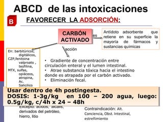 FAVORECER LA ADSORCIÓN:
ABCD de las intoxicaciones
CARBÓN
ACTIVADO
CARBÓN
ACTIVADO
Antídoto adsorbente que
retiene en su superficie la
mayoría de fármacos y
sustancias químicas
Excepto: ácidos, álcalis,
derivados del petróleo,
hierro, litio
Usar dentro de 4h postingesta.
DOSIS: 1-3g/kg en 100 – 200 agua, luego:
0.5g/kg, c/4h x 24 – 48h
Usar dentro de 4h postingesta.
DOSIS: 1-3g/kg en 100 – 200 agua, luego:
0.5g/kg, c/4h x 24 – 48h
• Gradiente de concentración entre
circulación enteral y el lumen intestinal.
• Atrae substancia tóxica hacia el intestino
donde es atrapada por el carbón activado.
• Eliminación fecal.
En: barbitúricos,En: barbitúricos,
digitálicos,digitálicos,
CZP,fenitoinaCZP,fenitoina
valproato ,valproato ,
teofilina,teofilina,
MTX, sulfas,MTX, sulfas,
opiáceos,opiáceos,
atropina,atropina,
Ac.Ac.
SalicilicoSalicilico
es
acción
Contraindicación: Alt.
Conciencia, Obst. Intestinal,
estreñimiento
 