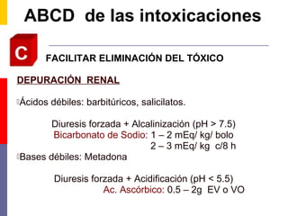 FACILITAR ELIMINACIÓN DEL TÓXICO
DEPURACIÓN RENAL
Ácidos débiles: barbitúricos, salicilatos.
Diuresis forzada + Alcalinización (pH > 7.5)
Bicarbonato de Sodio: 1 – 2 mEq/ kg/ bolo
2 – 3 mEq/ kg c/8 h
Bases débiles: Metadona
Diuresis forzada + Acidificación (pH < 5.5)
Ac. Ascórbico: 0.5 – 2g EV o VO
ABCD de las intoxicaciones
 
