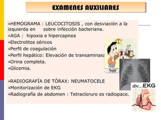 EXAMENES AUXILIARESEXAMENES AUXILIARES
HEMOGRAMA : LEUCOCITOSIS , con desviación a la
izquierda en sobre infección bacteriana.
AGA : hipoxia e hipercapnea
Electrolitos séricos
Perfil de coagulación
Perfil hepático: Elevación de transaminasas
Orina completa.
Glicemia.
RADIOGRAFÍA DE TÓRAX: NEUMATOCELE
Monitorización de EKG
Radiografía de abdomen : Tetracloruro es radiopaco.
 