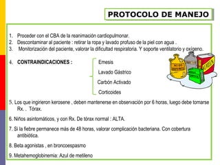1. Proceder con el CBA de la reanimación cardiopulmonar.
2. Descontaminar al paciente : retirar la ropa y lavado profuso de la piel con agua .
3. Monitorización del paciente, valorar la dificultad respiratoria. Y soporte ventilatorio y oxígeno.
4. CONTRAINDICACIONES : Emesis
Lavado Gástrico
Carbón Activado
Corticoides
5. Los que ingirieron kerosene , deben mantenerse en observación por 6 horas, luego debe tomarse
Rx. . Tórax.
6. Niños asintomáticos, y con Rx. De tórax normal : ALTA.
7. Si la fiebre permanece más de 48 horas, valorar complicación bacteriana. Con cobertura
antibiótica.
8. Beta agonistas , en broncoespasmo
9. Metahemoglobinemia: Azul de metileno
PROTOCOLO DE MANEJOPROTOCOLO DE MANEJO
 
