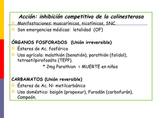 Acción: inhibición competitiva de la colinesterasa
 Manifestaciones: muscarínicas, nicotínicas, SNC.
 Son emergencias médicas: letalidad (OF)
ÓRGANOS FOSFORADOS (Unión irreversible)
 Ésteres de Ac. fosfórico
 Uso agrícola: malathión (benatión), parathión (folidol),
tetraetilpirofosáto (TEPP).
* 2mg Parathion = MUERTE en niños
CARBAMATOS (Unión reversible)
 Ésteres de Ac. N- metilcarbánico
 Uso doméstico: baigón (propoxur), Furadán (carbofurán),
Campeón.
 