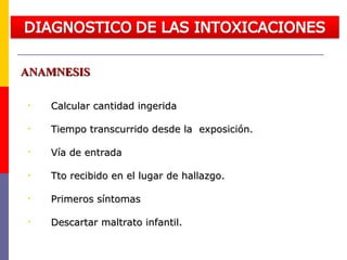 • Calcular cantidad ingeridaCalcular cantidad ingerida
• Tiempo transcurrido desde la exposición.Tiempo transcurrido desde la exposición.
• Vía de entradaVía de entrada
• Tto recibido en el lugar de hallazgo.Tto recibido en el lugar de hallazgo.
• Primeros síntomasPrimeros síntomas
• Descartar maltrato infantil.Descartar maltrato infantil.
ANAMNESISANAMNESIS
 