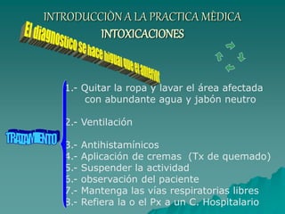 INTRODUCCIÒN A LA PRACTICA MÈDICA
INTOXICACIONES
1.- Quitar la ropa y lavar el área afectada
con abundante agua y jabón neutro
2.- Ventilación
3.- Antihistamínicos
4.- Aplicación de cremas (Tx de quemado)
5.- Suspender la actividad
6.- observación del paciente
7.- Mantenga las vías respiratorias libres
8.- Refiera la o el Px a un C. Hospitalario
 