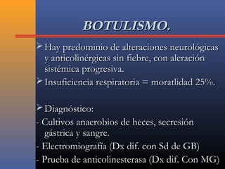 BOTULISMO.BOTULISMO.
 Hay predominio de alteraciones neurológicasHay predominio de alteraciones neurológicas
y anticolinérgicas sin fiebre, con aleracióny anticolinérgicas sin fiebre, con aleración
sistémica progresiva.sistémica progresiva.
 Insuficiencia respiratoria = moratlidad 25%.Insuficiencia respiratoria = moratlidad 25%.
 Diagnóstico:Diagnóstico:
- Cultivos anaerobios de heces, secresión- Cultivos anaerobios de heces, secresión
gástrica y sangre.gástrica y sangre.
- Electromiografía (Dx dif. con Sd de GB)- Electromiografía (Dx dif. con Sd de GB)
- Prueba de anticolinesterasa (Dx dif. Con MG)- Prueba de anticolinesterasa (Dx dif. Con MG)
 