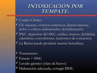 INTOXICACIÓN PORINTOXICACIÓN POR
TEMPATE.TEMPATE.
 Cuadro Clínico:Cuadro Clínico:
 GI: náuseas, vómitos continuos, diarrea intensa,GI: náuseas, vómitos continuos, diarrea intensa,
dolor ó cólicos abdominales, deshidratación.dolor ó cólicos abdominales, deshidratación.
 SNC: depresión del SNC, cefalea, mareos, debilidad,SNC: depresión del SNC, cefalea, mareos, debilidad,
calambres, convulsiones, trastornos de conciencia.calambres, convulsiones, trastornos de conciencia.
 La Ricina puede producir anemia hemolítica.La Ricina puede producir anemia hemolítica.
 Tratamiento:Tratamiento:
 Emesis + SNGEmesis + SNG
 Lavado gástrico (clara de huevo)Lavado gástrico (clara de huevo)
 Hidratación adecuada, corregir DHE.Hidratación adecuada, corregir DHE.
 