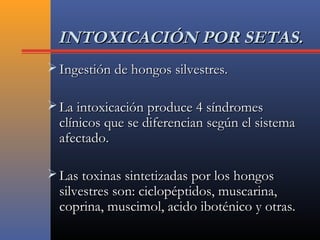 INTOXICACIÓN POR SETAS.INTOXICACIÓN POR SETAS.
 Ingestión de hongos silvestres.Ingestión de hongos silvestres.
 La intoxicación produce 4 síndromesLa intoxicación produce 4 síndromes
clínicos que se diferencian según el sistemaclínicos que se diferencian según el sistema
afectado.afectado.
 Las toxinas sintetizadas por los hongosLas toxinas sintetizadas por los hongos
silvestres son: ciclopéptidos, muscarina,silvestres son: ciclopéptidos, muscarina,
coprina, muscimol, acido iboténico y otras.coprina, muscimol, acido iboténico y otras.
 