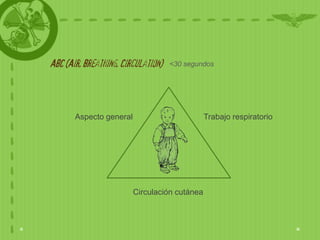 ABC (Air, Breathing, Circulation) <30 segundos




       Aspecto general                         Trabajo respiratorio




                         Circulación cutánea
 