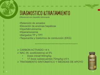 DIAGNOSTICO &TRATAMIENTO
 Diferencial con hepatitis fulminante


 •Retención de azoados
 •Elevación de enzimas hepáticas
 •Hiperbilirrubinemia
 •Hiperamonemia
 •Alargados TP y TPT
 •Taquicardia y trastornos de conducción (EKG)



 CARBON ACTIVADO <4 h
 NAC (N- acetilcisteína) al 5%
   •   Dosis inicial140mg/kg
   •   17 dosis subsecuentes 70mg/kg c/4 h
 TRATAMIENTO SINTOMATICO Y MEDIDAS DE APOYO
 
