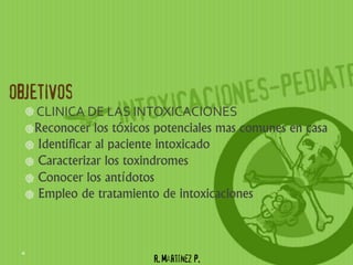 OBJETIVOS
   CLINICA DE LAS INTOXICACIONES
   Reconocer los tóxicos potenciales mas comunes en casa
   Identificar al paciente intoxicado
   Caracterizar los toxindromes
   Conocer los antídotos
   Empleo de tratamiento de intoxicaciones



                        R. Martínez P.
 