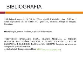BIBLIOGRAFIA
Medicina de urgencias, V Edición. Editores Judith E tintinilla, gabor D Kelen, J
stefan stapezanski vol III. Editor MC graw hill, american dollage of emrgecia
Dhascians.
Toxicologia , manual moderno, v edicion dario cordova.
EDITORESF. BARRANCO RUIZ,J. BLASCO MORILLA, A. MÉRIDA
MORALES, M.A. MUÑOZ SANCHEZ, A. JAREÑO CHAUMEL, J. COZAR
CARRASCO, R. GUERRERO PABON, J. GIL CEBRIAN. Principios de urgencias,
emergencias y cuidados críticos
, [citado el día 6 de agos, disponible en http://tratado.uninet.edu/c10040[2.html]
 