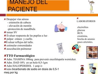 MANEJO DEL
PACIENTE
Despejar vías aéreas
- extensión de cabeza
- elevación de mentón
-protección de mandíbula
tomar SV
Evaluar respuesta de las pupilas a luz
palpar cráneo y cuello.
Evaluar reflejos del tallo.
estimular extremidades
auscultación pulmonar
TTO Farmacológico
Adm. TIAMINA 100mg para prevenir encefalopatía wernicker.
Adm. DAD 10% en un bolo 0,5-1gm
Adm HALOPERIDOL 1 amp iv
Adm bicarbonato de sodio en dosis de 0,5-1
meq por kg
LABORATORIOS
electrolitos
glucosa
BUN
creatinina,
brecha de amonio
gases arteriales.
 