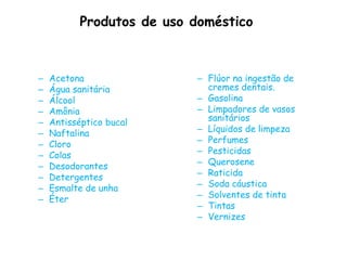 Produtos de uso doméstico
– Acetona
– Água sanitária
– Álcool
– Amônia
– Antisséptico bucal
– Naftalina
– Cloro
– Colas
– Desodorantes
– Detergentes
– Esmalte de unha
– Éter
– Flúor na ingestão de
cremes dentais.
– Gasolina
– Limpadores de vasos
sanitários
– Líquidos de limpeza
– Perfumes
– Pesticidas
– Querosene
– Raticida
– Soda cáustica
– Solventes de tinta
– Tintas
– Vernizes
 