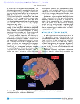 Hajar: Intoxicants in society
HEART VIEWS
Jan-Mar 16 Issue 1 / Vol 17
47
of the active substances was determined.[1]
The
psychoactive ingredient is attributed to ibotenic acid
and muscimol (isoxasoles) or psilocybin, which is similar
in chemical structure to lysergic acid diethylamide
(LSD). Since both are structural analogues of serotonin
(5-hydroxytyptamine), the hallucinogenic effects are
probably mediated through effects on serotonergic
receptors. Some Siberian tribes report that three
(3) freshAmuscaria mushrooms can be lethal, whereas
others claim that eating as many as twenty-one (21) of
these mushrooms is safe.
Various hallucinogenic mushrooms containing
ibotenic acid and muscimol or psilocybin are found in the
New World. In Central America, psilocybe mushrooms
were used for its hallucinogenic properties. As already
mentioned, mushrooms of this genus contain the
psychoactive compounds psilocin and psilocybin.
Reports of toxicity associated with this group of
mushrooms have increased as a consequence of their
growing popularity as hallucinogens. Circumstances
that could lead to hallucinogenic mushroom toxicity
are: Adults and adolescents seeking to achieve a
state of intoxication (this is the most common reason
for ingesting these mushrooms); Incorrect mushroom
identification by a naive forager; Intentional ingestion
by a suicidal person; Unintentional ingestion by a
child who found mushrooms growing in yards or
outdoor play areas; Foul play, in which an individual
is poisoned by someone else; Inadvertent poisoning
from dried mushrooms purchased on the Internet
or from other sources where the composition of the
mushroom is unreliable or where the mushroom might
be contaminated with unknown toxic compounds.
Incidentally, mushrooms have been traditionally
used as insecticide. In some European countries caps
of Amanita muscaria are crumbled up and placed in
saucers of milk to attract house flies. The flies drink the
milk, which contains toxins (they are soluble in water)
and the flies soon become drowsy, collapse and die
(or they simply drown in their spiked milk drink). The
specific epithet muscaria comes from the Latin word
musca, meaning “a fly”.
ADDICTION: A COMPLEX ILLNESS
A real danger of psychoactive substances is
their highly addictive nature. Human beings have
always had a desire to eat or drink substances that
make them feel relaxed, stimulated, or euphoric.
Psychoactive drugs induce such feelings but they
can also cause addiction, an illness with far-reaching
consequences. Even mild psychoactive substances
such as alcohol, nicotine, and caffeine can become
compulsive habits.
Abnormal patterns of use of these substances
have been observed since antiquity. Alexander the
Illustration of the circuits involved in drug abuse and addiction. All of these brain regions must be considered
in developing strategies to effectively treat addiction
[Downloaded free from http://www.heartviews.org on Friday, May 20, 2016, IP: 117.195.153.63]
 