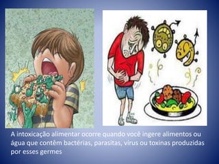 A intoxicação alimentar ocorre quando você ingere alimentos ou 
água que contêm bactérias, parasitas, vírus ou toxinas produzidas 
por esses germes 
 
