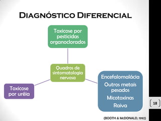 Diagnóstico Diferencial
             Toxicose por
               pesticidas
            organoclorados



              Quadros de
            sintomatologia
                nervosa      Encefalomalácia
                              Outros metais
Toxicose                         pesados
por uréia
                               Micotoxinas
                                                        18
                                  Raiva

                             (BOOTH & McDONALD, 1992)
 