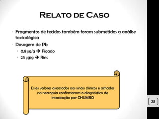 Relato de Caso
• Fragmentos de tecidos também foram submetidos a análise
  toxicológica
• Dosagem de Pb
  • 0,8 µg/g  Fígado
  • 25 µg/g  Rins




         Esses valores associados aos sinais clínicos e achados
             na necropsia confirmaram o diagnóstico de
                      intoxicação por CHUMBO
                                                                  28
 