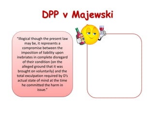 DPP v Majewski“illogical though the present law may be, it represents a compromise between the imposition of liability upon inebriates in complete disregard of their condition (on the alleged ground that it was brought on voluntarily) and the total exculpation required by D’s actual state of mind at the time he committed the harm in issue.”