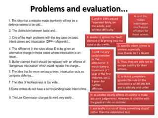 Problems and evaluation...A. and this makes intoxication much more effective for these crimes. C.and in 1995 argued "operated fairly, on the whole, and without difficulty."B. seems to ignore the 'fault' element of D getting into the state to start with.D. specific intent crimes is unclear, especially now, thanks to R v Heard. F. and the jury could consider in the alternative. It would carry a maximum of 1 year in the first instance, up to 3 years for further offences. E. Thus, they are able not to escape liability for their actions. G. is that it completely ignores the rule on the coincidence of AR and MR. and is arbitary and unfairH. as alcohol clearly affects D's ability to make accurate judgements. However, it is in line with the general rules on mistake.I. and really is a risk of 'doing something stupid' rather than the established test