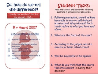 So, how do we tell                               Student Tasks:
 the difference?                              Read the extract and answer the following
                                                questions in as much detail as possible.
 Usually the words of the Act
     are enough... But....                 1. Following precedent, should he have
                                              been able to rely on self-induced
                                              intoxication? Why/why not?his is
                                              really refers to what you have said
      R v Heard 2007                          above.
   s.3 Sexual Offences Act 2003
                                           2. What are the facts of the case?
(1) A person (A) commits an offence if –

(a) He intentionally touches another       3. According to the judges, was it a
    person (B)                                specific or basic intent crime?
(b) The touching is sexual
(c) B does not consent to the touching,
    and
(d) A does not reasonably believe that B   4. Was he successful in his appeal?
    consents


                                           5. What do you think that the courts
                                              took into account in making their
                                              decision?
 