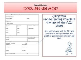 Consolidation:
D’you get the AO1?

                      Using your
               understanding complete
                 the last of the AO1
                         sheet
                (this will help you with the AO1 and
                  structure of both your essays and
                problem questions as it all organised
                                 like!)
 