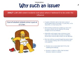 Intoxication:

               Why such an issue?
2006/7 1,087,000 violent incidents took place where V believed D to be under the
                                    influence


Cost of alcohol related crime is put at
               £7.3 bn.
 