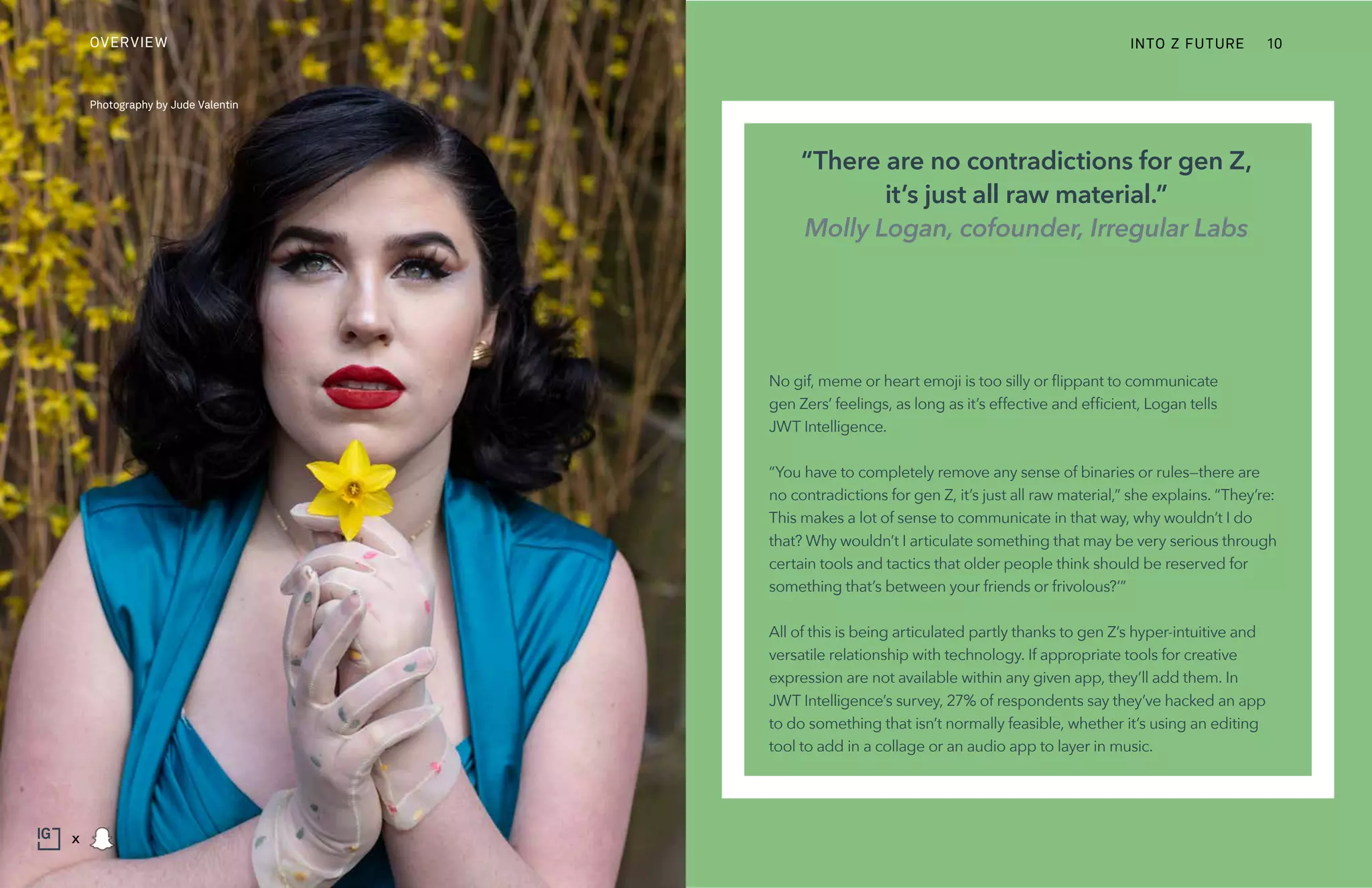 No gif, meme or heart emoji is too silly or flippant to communicate
gen Zers’ feelings, as long as it’s effective and efficient, Logan tells
JWT Intelligence.
“You have to completely remove any sense of binaries or rules—there are
no contradictions for gen Z, it’s just all raw material,” she explains. “They’re:
This makes a lot of sense to communicate in that way, why wouldn’t I do
that? Why wouldn’t I articulate something that may be very serious through
certain tools and tactics that older people think should be reserved for
something that’s between your friends or frivolous?’”
All of this is being articulated partly thanks to gen Z’s hyper-intuitive and
versatile relationship with technology. If appropriate tools for creative
expression are not available within any given app, they’ll add them. In
JWT Intelligence’s survey, 27% of respondents say they’ve hacked an app
to do something that isn’t normally feasible, whether it’s using an editing
tool to add in a collage or an audio app to layer in music.
“There are no contradictions for gen Z,
it’s just all raw material.”
Molly Logan, cofounder, Irregular Labs
Photography by Jude Valentin
INTO Z FUTUREOVERVIEW 10
x
 