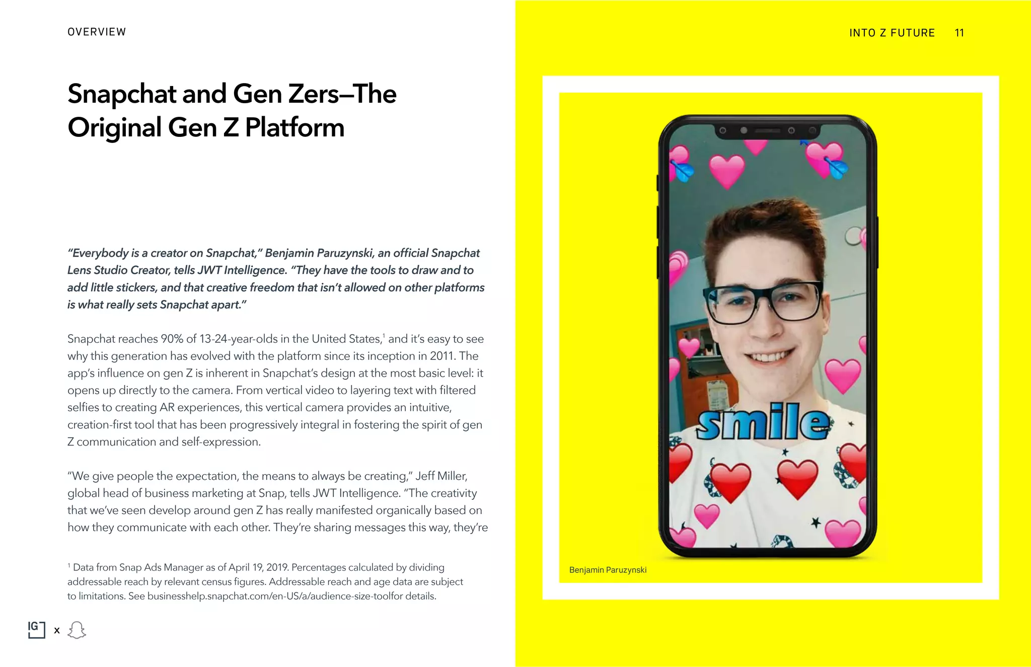 Snapchat and Gen Zers—The
Original Gen Z Platform
“Everybody is a creator on Snapchat,” Benjamin Paruzynski, an official Snapchat
Lens Studio Creator, tells JWT Intelligence. “They have the tools to draw and to
add little stickers, and that creative freedom that isn’t allowed on other platforms
is what really sets Snapchat apart.”
Snapchat reaches 90% of 13-24-year-olds in the United States,1
and it’s easy to see
why this generation has evolved with the platform since its inception in 2011. The
app’s influence on gen Z is inherent in Snapchat’s design at the most basic level: it
opens up directly to the camera. From vertical video to layering text with filtered
selfies to creating AR experiences, this vertical camera provides an intuitive,
creation-first tool that has been progressively integral in fostering the spirit of gen
Z communication and self-expression.
“We give people the expectation, the means to always be creating,” Jeff Miller,
global head of business marketing at Snap, tells JWT Intelligence. “The creativity
that we’ve seen develop around gen Z has really manifested organically based on
how they communicate with each other. They’re sharing messages this way, they’re
1
Data from Snap Ads Manager as of April 19, 2019. Percentages calculated by dividing
addressable reach by relevant census figures. Addressable reach and age data are subject
to limitations. See businesshelp.snapchat.com/en-US/a/audience-size-toolfor details.
INTO Z FUTUREOVERVIEW 11
x
Benjamin Paruzynski
 