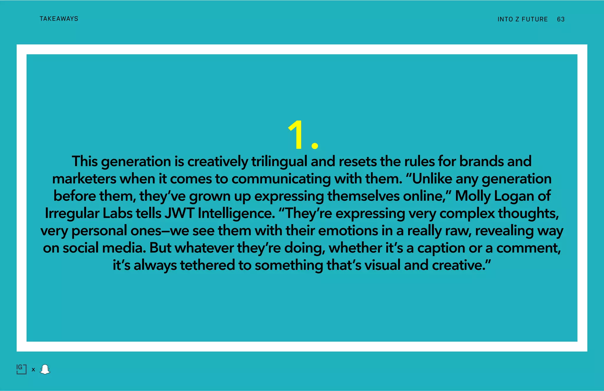 INTO Z FUTURETAKEAWAYS 63
x
1.This generation is creatively trilingual and resets the rules for brands and
marketers when it comes to communicating with them. “Unlike any generation
before them, they’ve grown up expressing themselves online,” Molly Logan of
Irregular Labs tells JWT Intelligence. “They’re expressing very complex thoughts,
very personal ones—we see them with their emotions in a really raw, revealing way
on social media. But whatever they’re doing, whether it’s a caption or a comment,
it’s always tethered to something that’s visual and creative.”
 