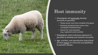 Host immunity
• Sheep/goats will eventually develop
immunity to parasites.
• Sheep sooner and more complete than goats
• R...