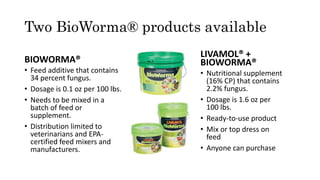Two BioWorma® products available
BIOWORMA®
• Feed additive that contains
34 percent fungus.
• Dosage is 0.1 oz per 100 lbs...