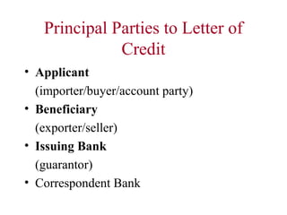 Principal Parties to Letter of
Credit
• Applicant
(importer/buyer/account party)
• Beneficiary
(exporter/seller)
• Issuing Bank
(guarantor)
• Correspondent Bank

 