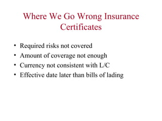 Where We Go Wrong Insurance
Certificates
•
•
•
•

Required risks not covered
Amount of coverage not enough
Currency not consistent with L/C
Effective date later than bills of lading

 